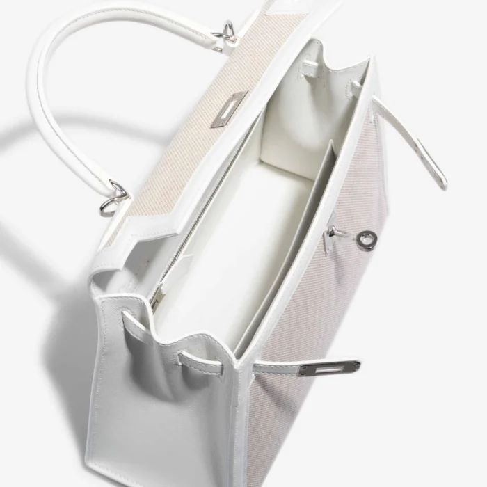 Artisan-Grade Hermès Dupes Kelly 25 Swift/Toile New White/Ecru/Beige PHW - Replica Handbags - Image 5