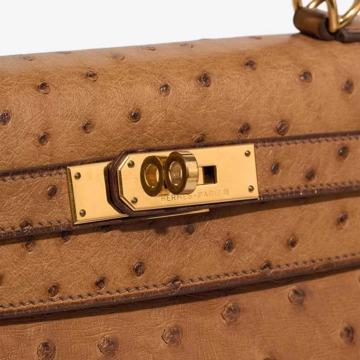 Artisan-Grade Hermès Dupes Kelly 28 Ostrich Gold GHW - Replica Handbags - Image 7