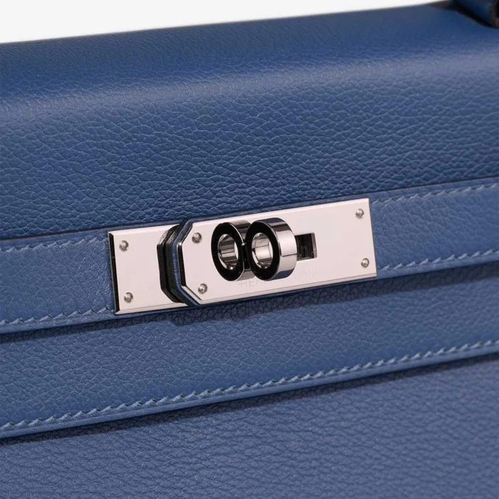 Artisan-Grade Hermès Dupes Kelly Verso 28 Evercolor Bleu Brighton/Capucine PBHW - Replica Handbags - Image 3