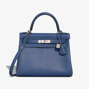 Artisan-Grade Hermès Dupes Kelly Verso 28 Evercolor Bleu Brighton/Capucine PBHW - Replica Handbags