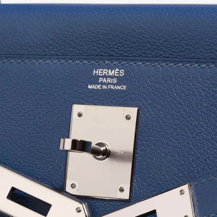Artisan-Grade Hermès Dupes Kelly Verso 28 Evercolor Bleu Brighton/Capucine PBHW - Replica Handbags - Image 6