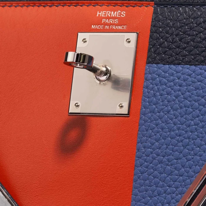 Artisan-Grade Hermès Kelly 28 Lettre R Clemence/Tadelakt Blue Nuit/Blue Brighton/Terre Battue PHW - Replica Handbags - Image 6
