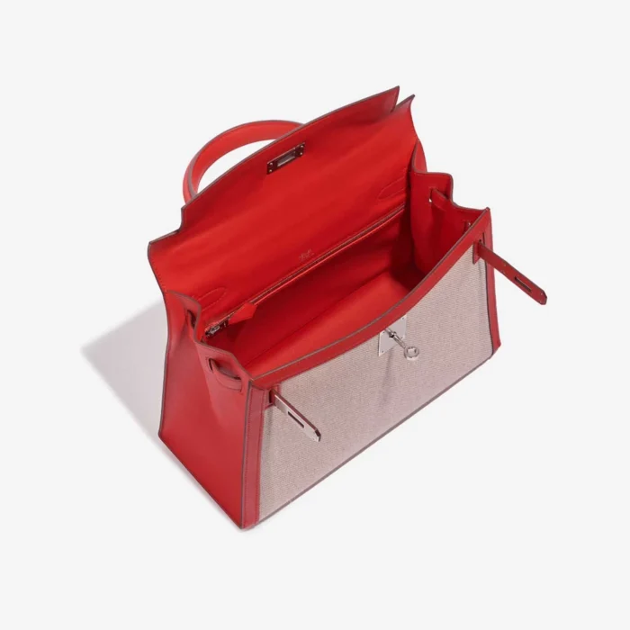 Artisan-Grade Hermès Kelly 28 Toile H/Swift Rouge Tomate/Ecru/Gold PHW - Replica Handbags - Image 5