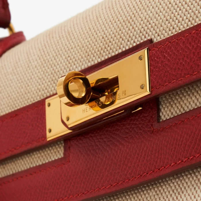 Artisan-Grade Hermès Kelly 32 Courchevel/Toile Rouge Vif/Toile GHW - DLF - Image 7