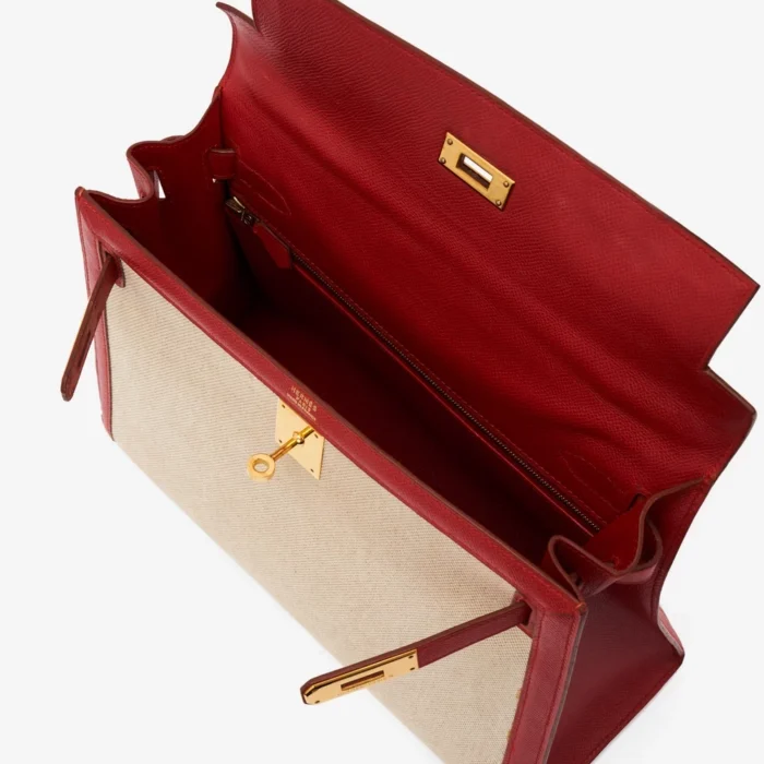Artisan-Grade Hermès Kelly 32 Courchevel/Toile Rouge Vif/Toile GHW - DLF - Image 5