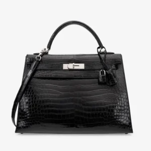 Artisan-Grade Hermès Kelly 32 Porosus Crocodile Lisse Black PHW