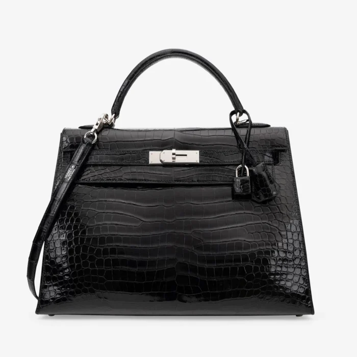 Artisan-Grade Hermès Kelly 32 Porosus Crocodile Lisse Black PHW