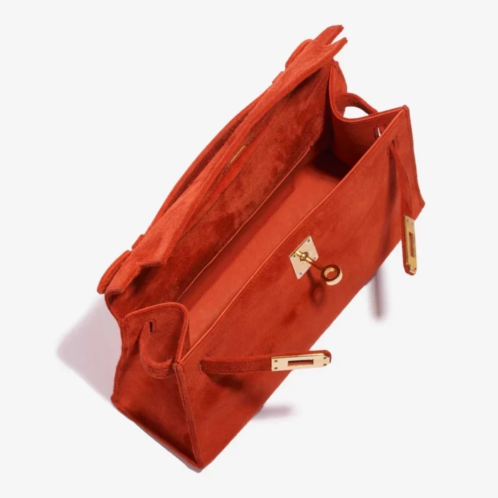 Best Replica Hermès Kelly Pochette Doblis Suede Rouge Vif GHW - Replica Handbags - Image 5
