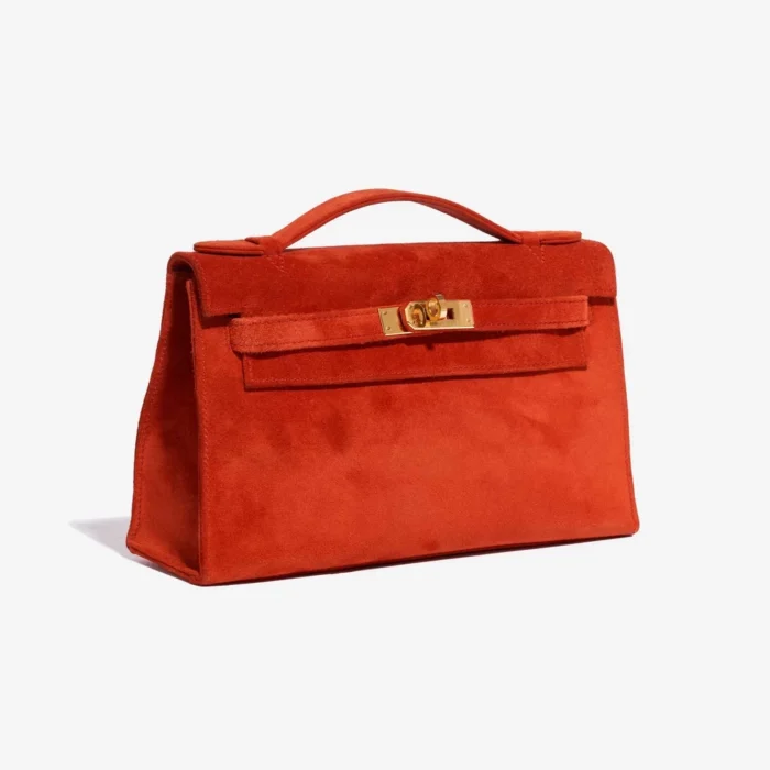Best Replica Hermès Kelly Pochette Doblis Suede Rouge Vif GHW - Replica Handbags - Image 4