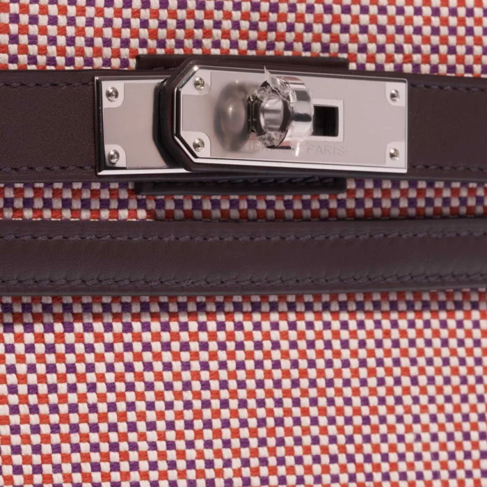 Hermès Replica Kelly 28 Toile Quadrille/Swift Ecru/Rouge Sellier/Anemone/Brique PHW - DLF - Image 7