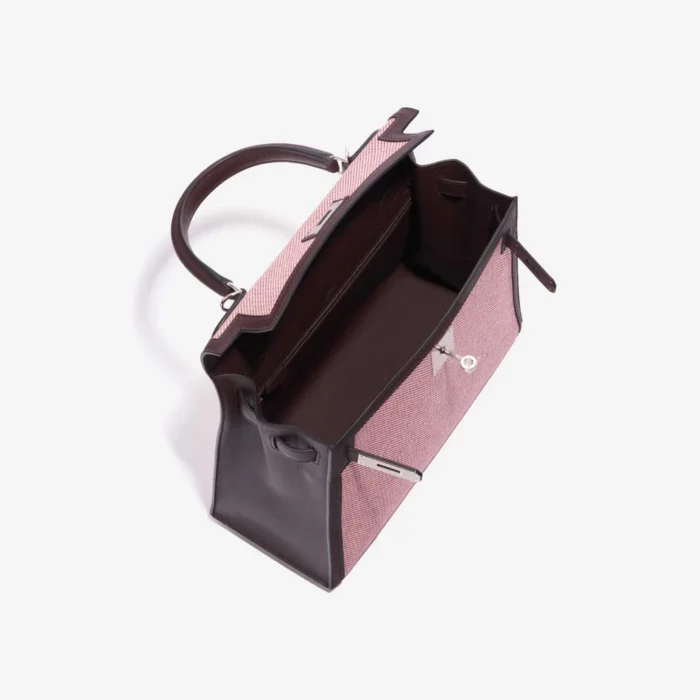 Hermès Replica Kelly 28 Toile Quadrille/Swift Ecru/Rouge Sellier/Anemone/Brique PHW - DLF - Image 5