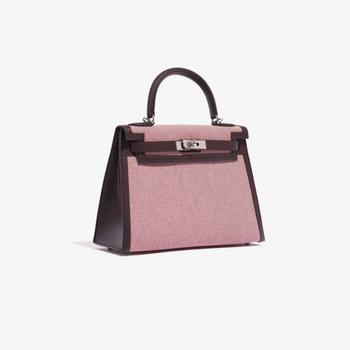Hermès Replica Kelly 28 Toile Quadrille/Swift Ecru/Rouge Sellier/Anemone/Brique PHW - DLF - Image 4