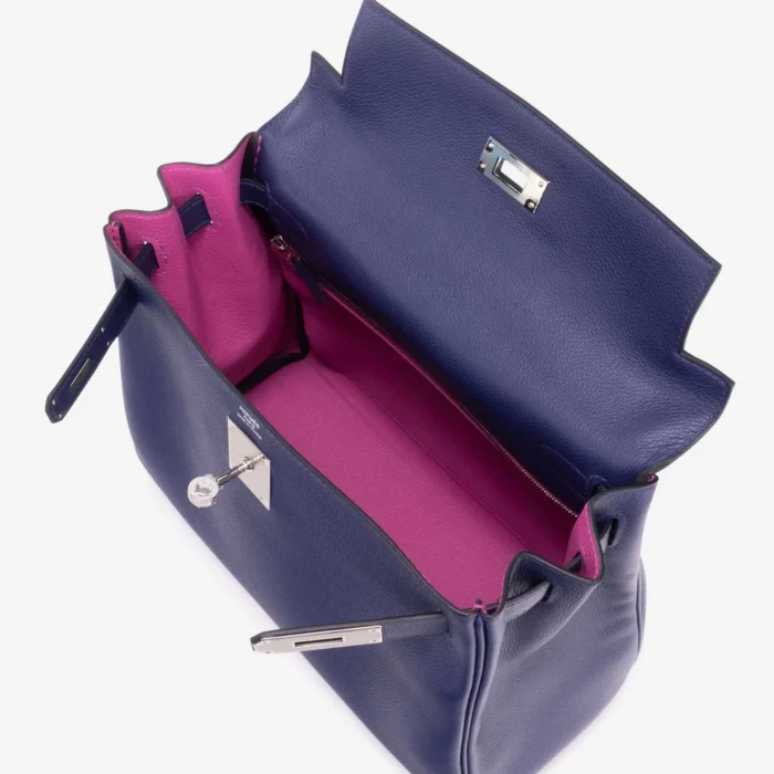 Hermès Replica Kelly 28 Verso Evercolor Blue Encre/Magnolia PHW - Replica Handbags - Image 5