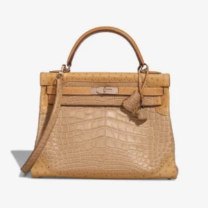Hermès Replica Kelly 32 Grand Mirage Ostrich/Niloticus Lizard/Matte Alligator Poussiere/Toffee PBHW - DLF