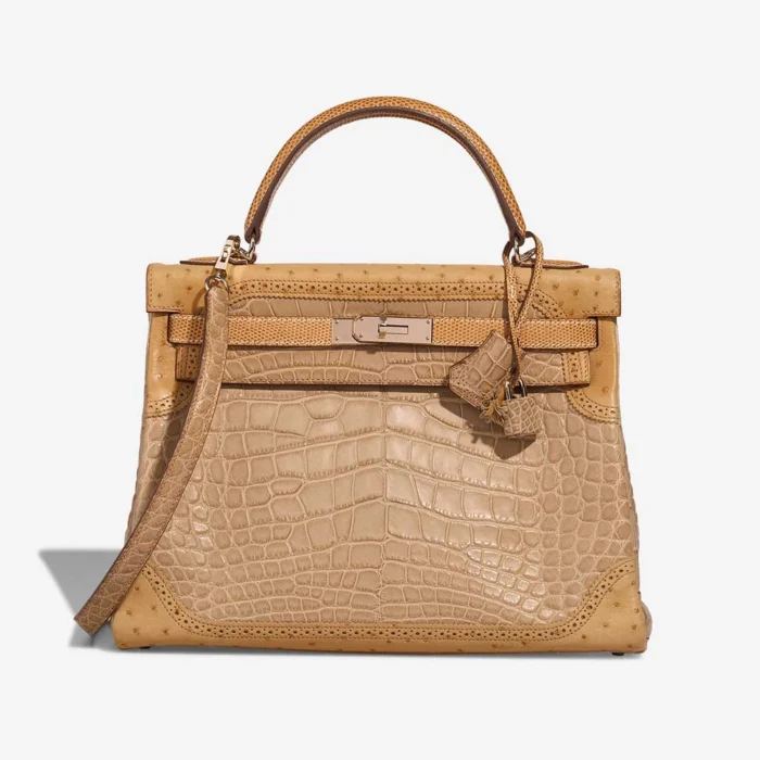 Hermès Replica Kelly 32 Grand Mirage Ostrich/Niloticus Lizard/Matte Alligator Poussiere/Toffee PBHW - DLF