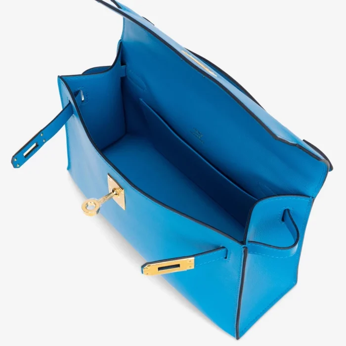 Hermès Replica Kelly Pochette Swift Blue Frida GHW - Replica Handbags - Image 5