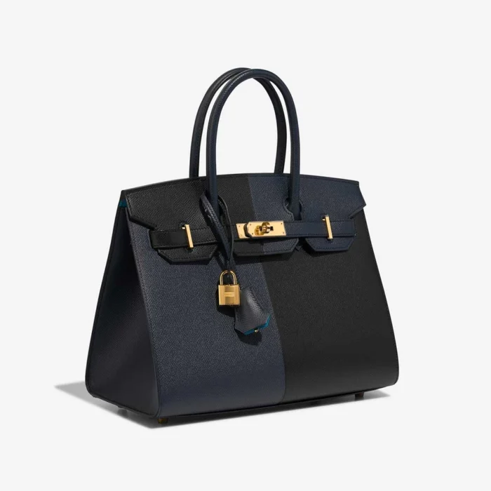 High-End Hermès Inspired Birkin 30 Epsom Black/Bleu Indigo/Bleu Frida GHW - Direct Luxury Fashion - Image 4