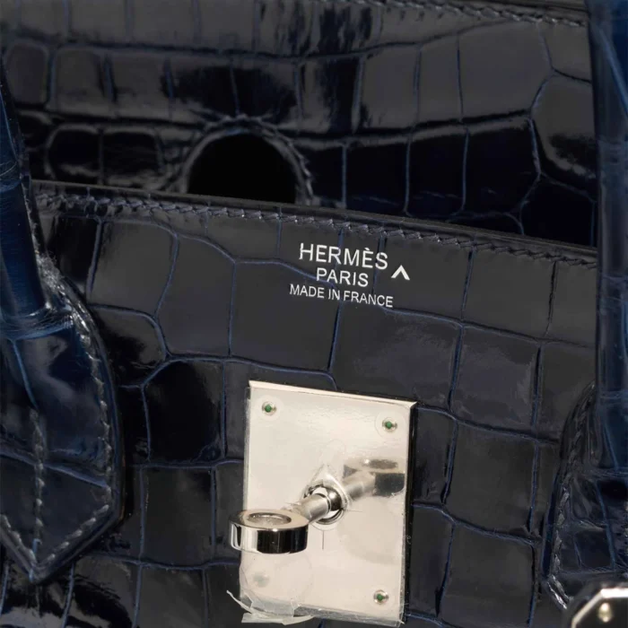 High-End Hermès Inspired Birkin 30 Porosus Crocodile Bleu Marine PHW - Direct Luxury Fashion - Image 6
