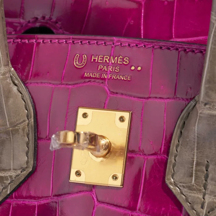 High-End Hermès Inspired HSS Birkin 25 Niloticus Crocodile Rose Sheherazade/Gris Tourterelle GHW - Direct Luxury Fashion - Image 6