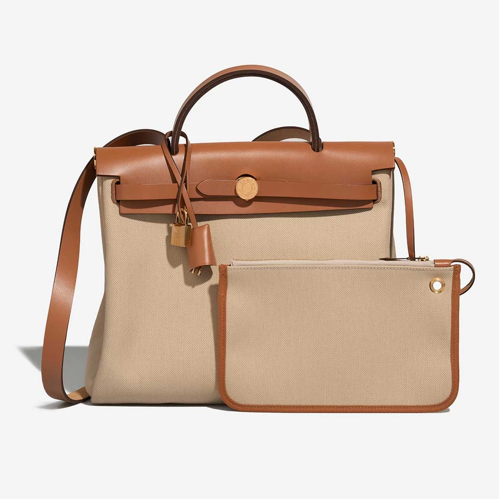 High-End Hermès Inspired Herbag 31 Toile Militaire/Vache Hunter Beton/Naturel GHW - Direct Luxury Fashion