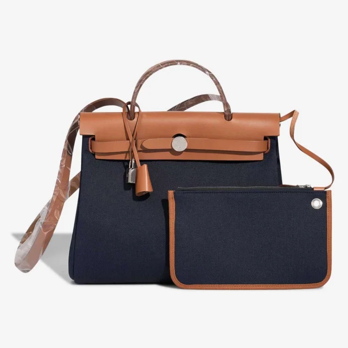 High-End Hermès Inspired Herbag 31 Toile/Vache Hunter Bleu Marine/Naturel PHW - Direct Luxury Fashion