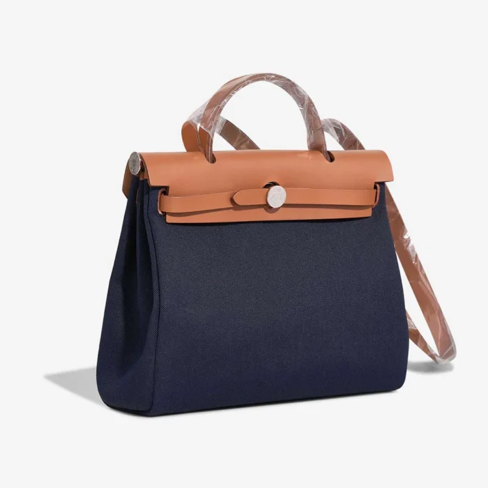 High-End Hermès Inspired Herbag 31 Toile/Vache Hunter Bleu Marine/Naturel PHW - Direct Luxury Fashion - Image 4
