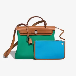 High-End Hermès Inspired Herbag 31 Toile/Vache Hunter Menthe/Bleu Azteque/Naturel PHW - Direct Luxury Fashion