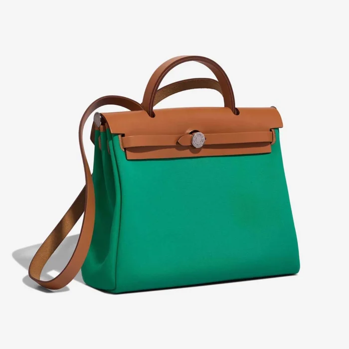 High-End Hermès Inspired Herbag 31 Toile/Vache Hunter Menthe/Bleu Azteque/Naturel PHW - Direct Luxury Fashion - Image 4