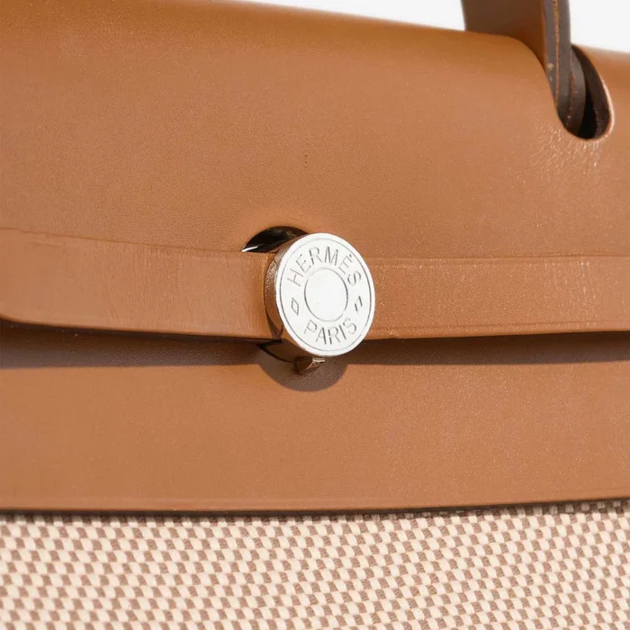 High-End Hermès Inspired Herbag 50 Vache Hunter/Toile Quadrille Naturel/Ecru/Gold PHW - Direct Luxury Fashion - Image 6