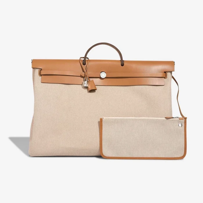 High-End Hermès Inspired Herbag 50 Vache Hunter/Toile Quadrille Naturel/Ecru/Gold PHW - Direct Luxury Fashion