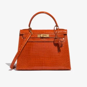 High-End Hermès Inspired Kelly 28 Porosus Crocodile Orange H GHW - Direct Luxury Fashion