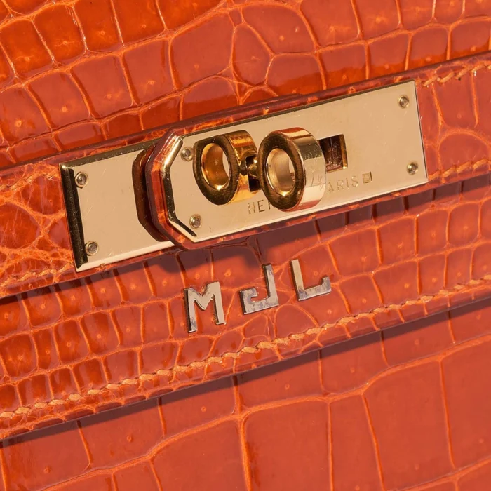 High-End Hermès Inspired Kelly 28 Porosus Crocodile Orange H GHW - Direct Luxury Fashion - Image 5