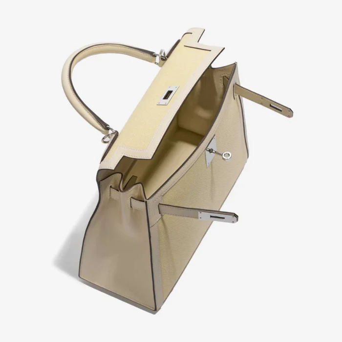 High-End Hermès Inspired Kelly 28 Swift/Toile Nata/Jaune Citron PHW - Direct Luxury Fashion - Image 5