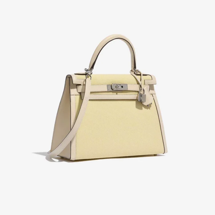 High-End Hermès Inspired Kelly 28 Swift/Toile Nata/Jaune Citron PHW - Direct Luxury Fashion - Image 4