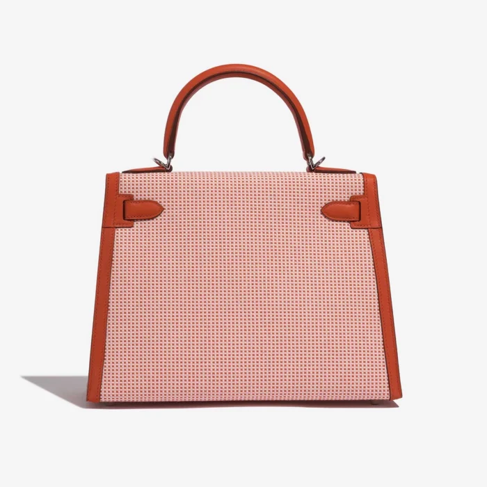 High-End Hermès Inspired Kelly 28 Toile Quadrille/Swift Terre Battue/Mauve Sylvestre/Blanc PHW - Direct Luxury Fashion - Image 2