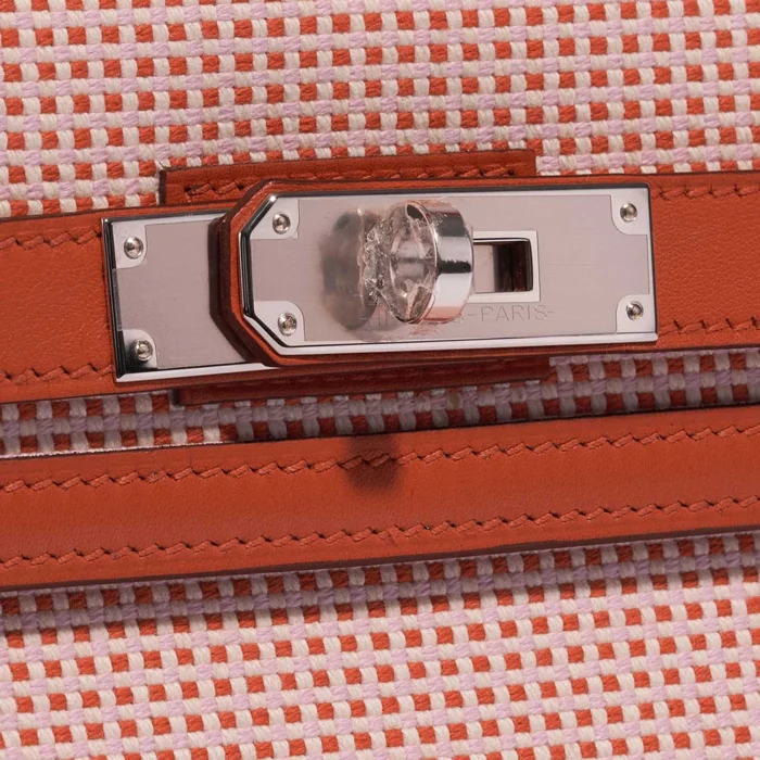High-End Hermès Inspired Kelly 28 Toile Quadrille/Swift Terre Battue/Mauve Sylvestre/Blanc PHW - Direct Luxury Fashion - Image 7