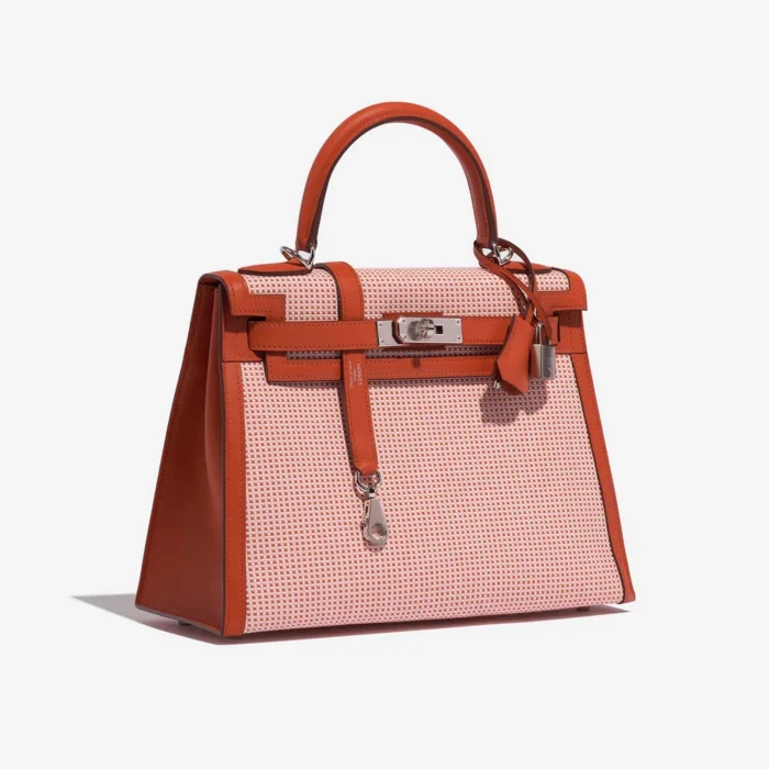 High-End Hermès Inspired Kelly 28 Toile Quadrille/Swift Terre Battue/Mauve Sylvestre/Blanc PHW - Direct Luxury Fashion - Image 4