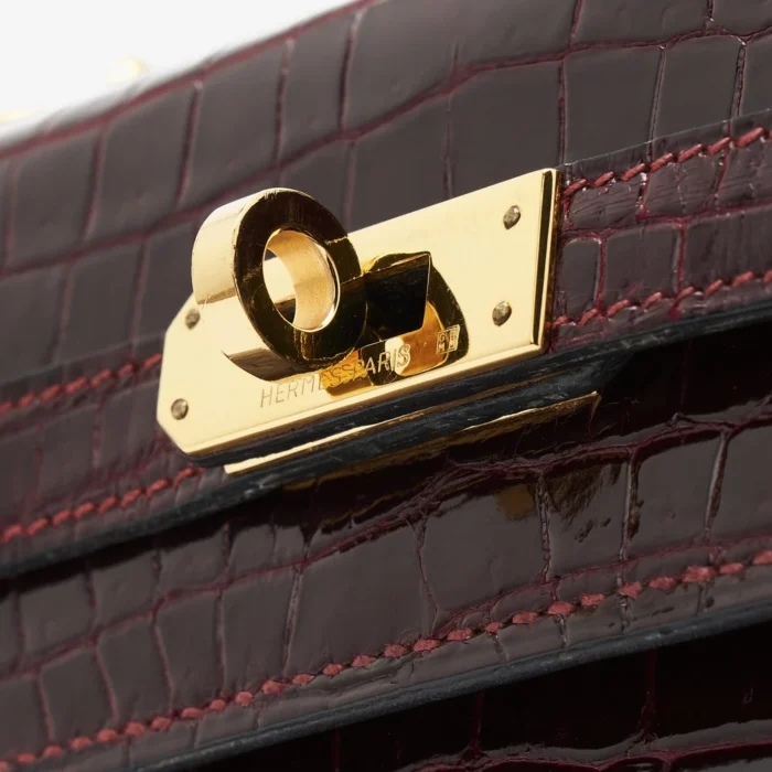 High-End Hermès Inspired Mini Kelly Crocodile Porosus Burgundy GHW - Direct Luxury Fashion - Image 7