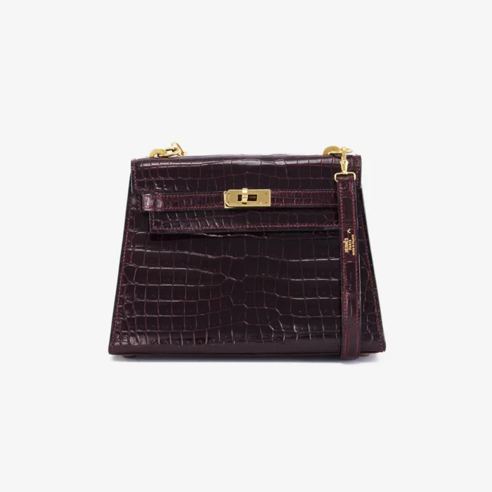 High-End Hermès Inspired Mini Kelly Crocodile Porosus Burgundy GHW - Direct Luxury Fashion