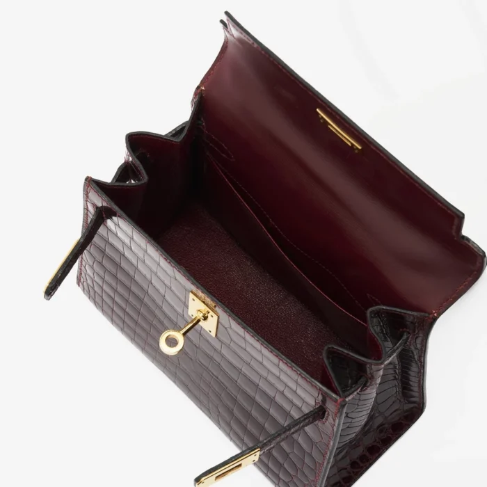High-End Hermès Inspired Mini Kelly Crocodile Porosus Burgundy GHW - Direct Luxury Fashion - Image 5