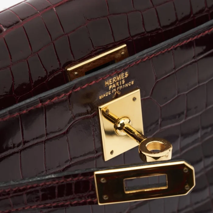 High-End Hermès Inspired Mini Kelly Crocodile Porosus Burgundy GHW - Direct Luxury Fashion - Image 6