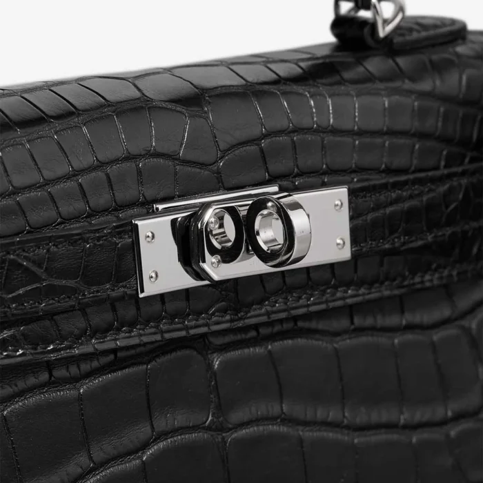 High-End Hermès Inspired Mini Kelly Matte Alligator Black PHW - Direct Luxury Fashion - Image 7