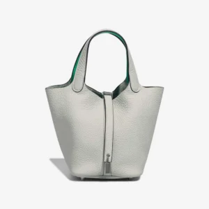 High-End Hermès Inspired Picotin 18 Taurillon Clemence/Swift Gris Neve/Vert Comics PHW - Direct Luxury Fashion