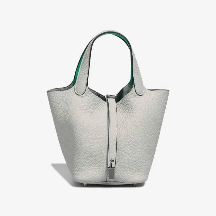 High-End Hermès Inspired Picotin 18 Taurillon Clemence/Swift Gris Neve/Vert Comics PHW - Direct Luxury Fashion