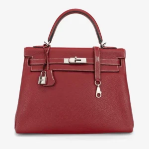 Mirror Quality Hermès HSS Kelly 32 Clemence Rouge Grenat PHW - Replica Handbags