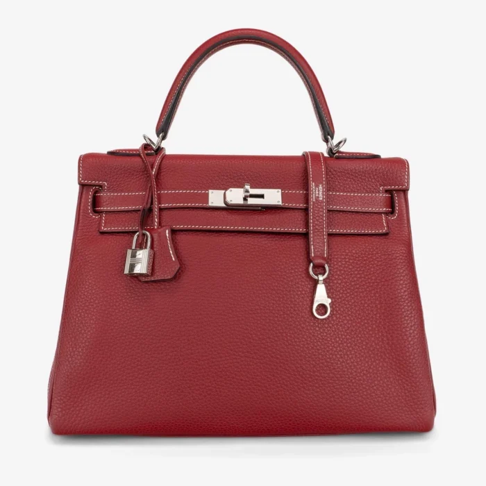 Mirror Quality Hermès HSS Kelly 32 Clemence Rouge Grenat PHW - Replica Handbags