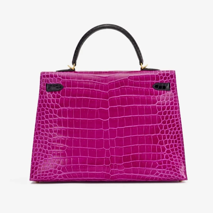 Mirror Quality Hermès HSS Kelly 35 Crocodile Porosus Rose Scheherazade/Aubergine GHW - Replica Handbags - Image 2