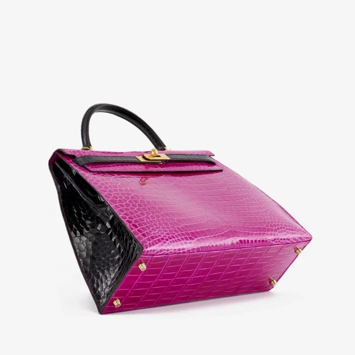 Mirror Quality Hermès HSS Kelly 35 Crocodile Porosus Rose Scheherazade/Aubergine GHW - Replica Handbags - Image 3