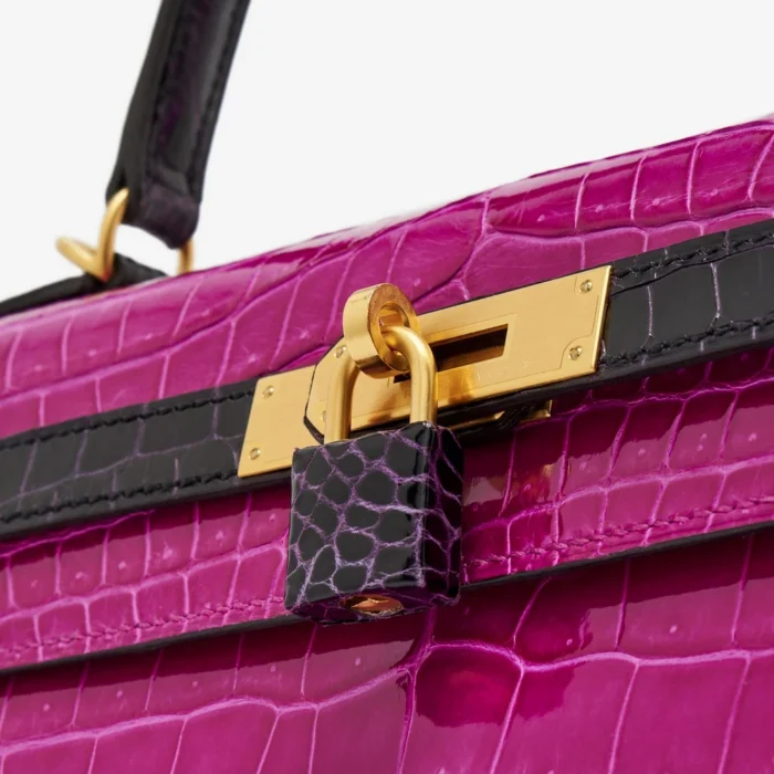 Mirror Quality Hermès HSS Kelly 35 Crocodile Porosus Rose Scheherazade/Aubergine GHW - Replica Handbags - Image 7