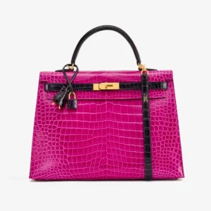 Mirror Quality Hermès HSS Kelly 35 Crocodile Porosus Rose Scheherazade/Aubergine GHW - Replica Handbags